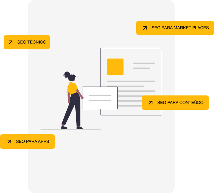 Desenho de uma mulher mexendo em uma página de um site com as mãos e alguns títulos em volta da imagem: Seo Técnico, Seo para Market Places, Seo para apps e Seo para conteúdo.