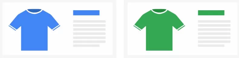 ilustração que apresenta duas variantes de produto marcadas com o novo dado estruturado do google, na esquerda, uma listagem de produto de camisa azul, na direita, uma listagem da mesma camisa na cor verde