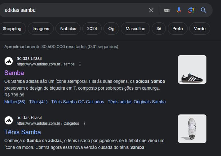 Resultado da pesquisa orgânica do Google para o termo "adidas samba", mostrando a página de categoria da linha de produtos em destaque