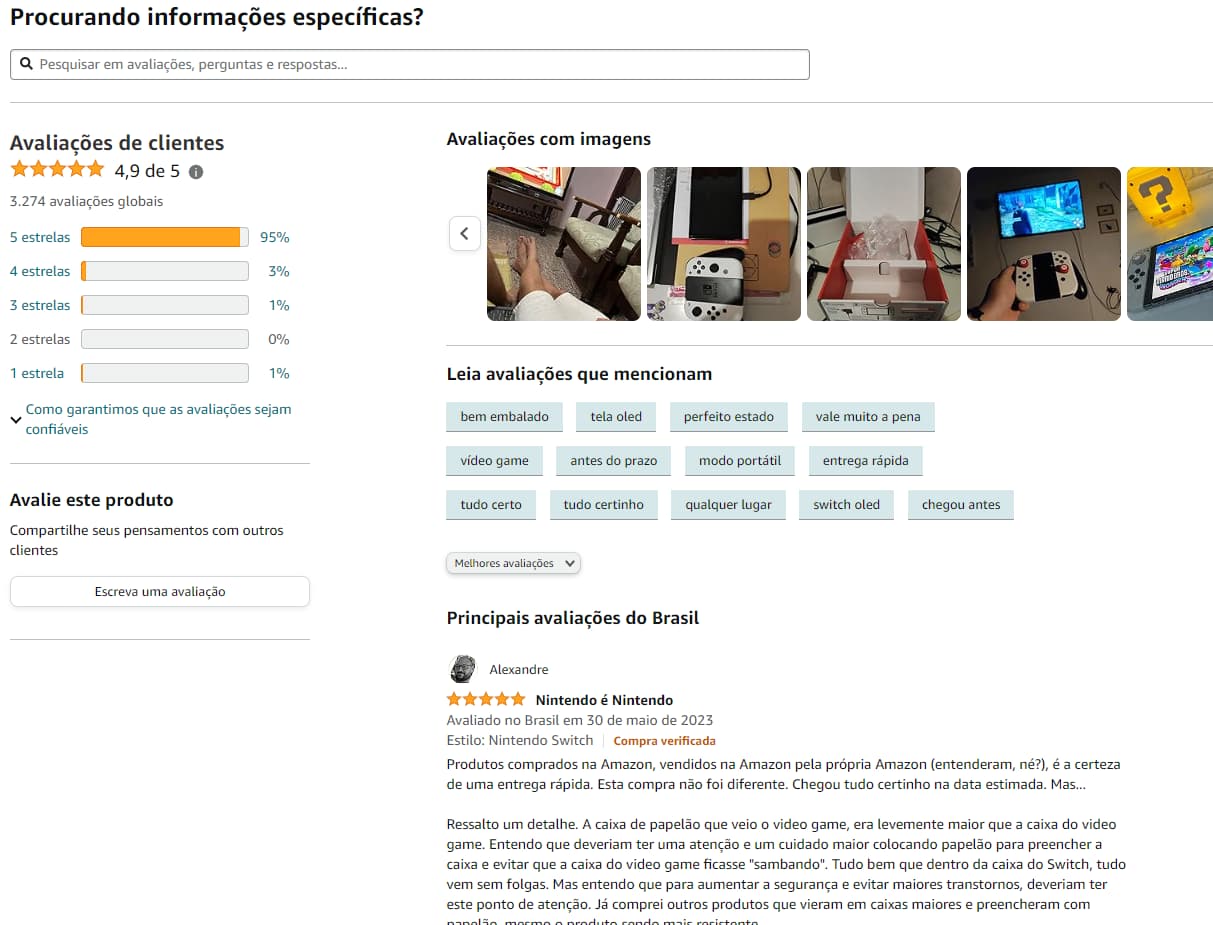 captura de tela de avaliações de produto em página da amazon sobre o nintendo switch, mostrando nota média do produto, fotos, tags mais pesquisadas, e o texto de uma avaliação