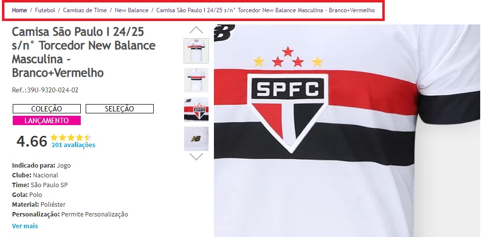 Captura de tela de camisa do São Paulo no site da Netshoes, com caminho de breadcrumbs destacado em vermehlho, mostrando o caminho de navegação da home do site até a página do produto