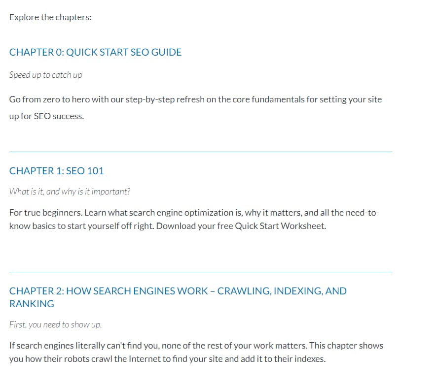 Captura de tela mostrando os capítulos do guia de SEO da Moz, com hyperlinks para ver cada um em detalhes