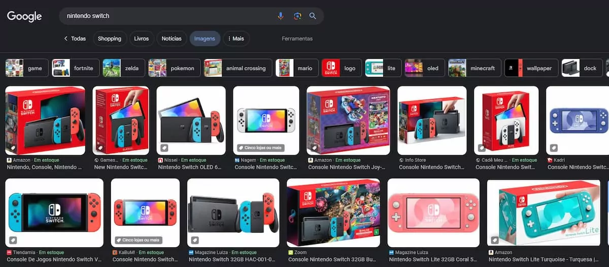 captura de tela do Google Imagens, mostrando resultados de busca para a pesquisa Nintendo Switch, com diversas imagens do console hospedadas em sites de e-commerce