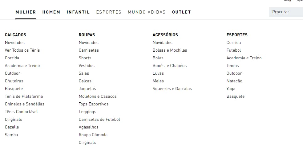 captura de tela das categorias do e-commerce da adidas, com as principais em cima, e as subcategorias em quatro colunas abaixo