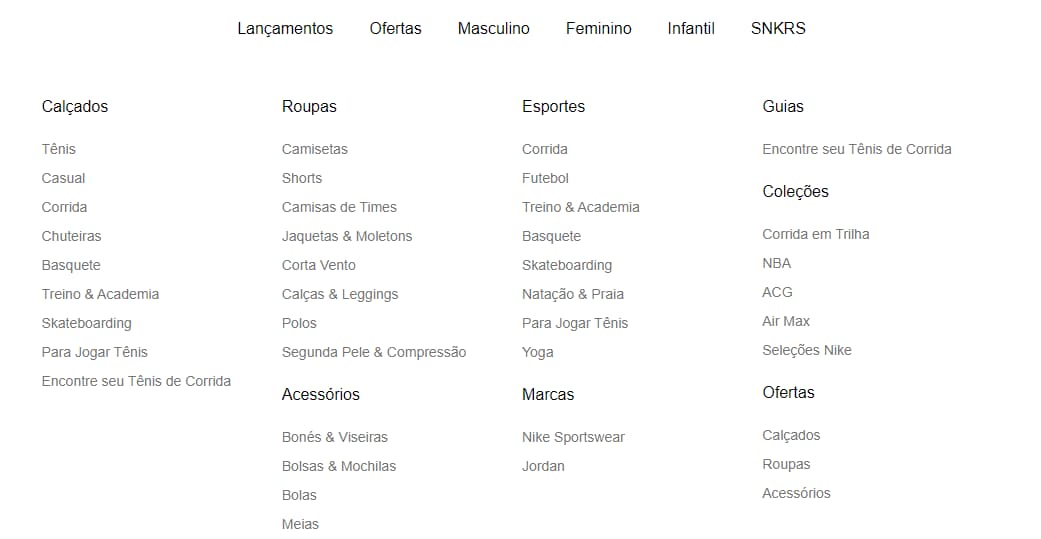 Captura de tela das páginas de categorias do site da Nike, com destaque para categorias principais no topo, depois divisão em subcategorias