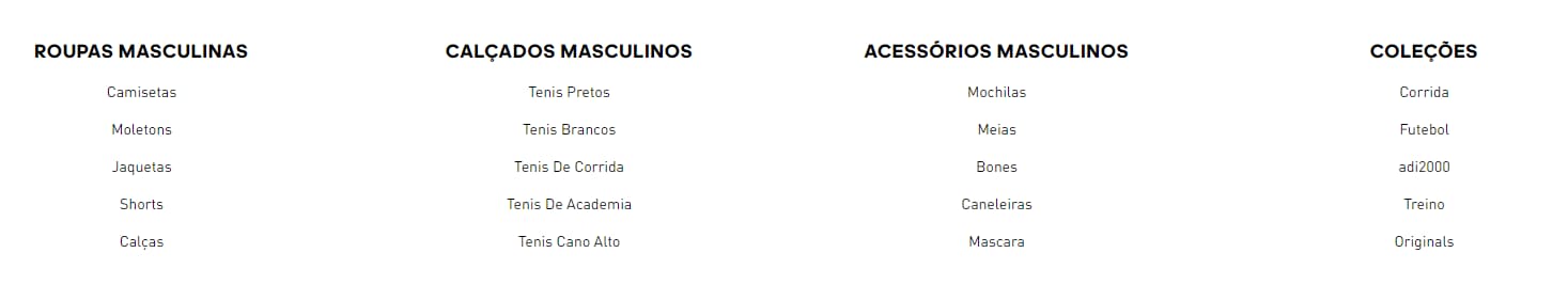captura de tela de e-commerce da adidas, mostrando diferentes categorias relacionadas