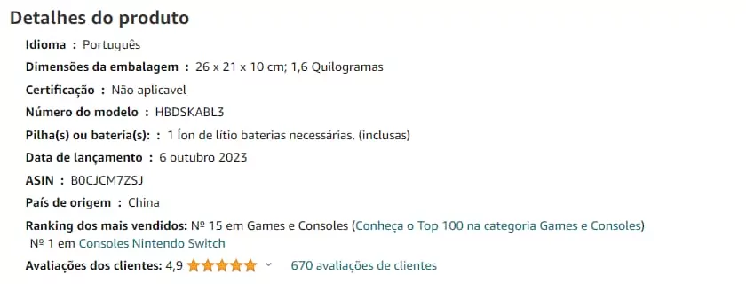 captura de tela com descrição dos detalhes de produto na página do Nintendo Switch, contendo as principais avaliações e especificações dos fabricantes