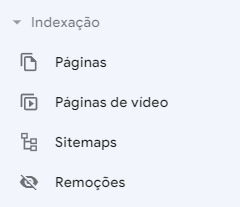 Captura de tela mostrando o menu de indexação do Google Search Console, com os botões páginas, páginas de vídeo, sitemaps e remoções