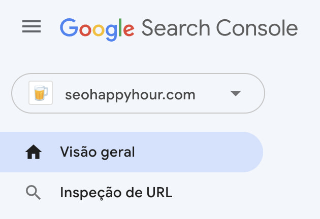 Captura de tela do Google Search Console, mostrando o logo da ferramenta no topo, a propriedade de domínio seohappyhour.com, e abaixo os botões Visão Geral e Inspeção de URL