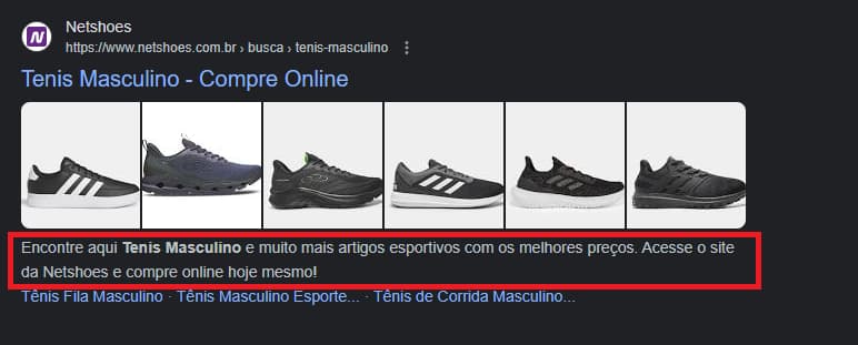 Resultado de pesquisa orgânica do Google, com uma marcação vermelha em torno da meta descrição de uma página de categoria de calçados