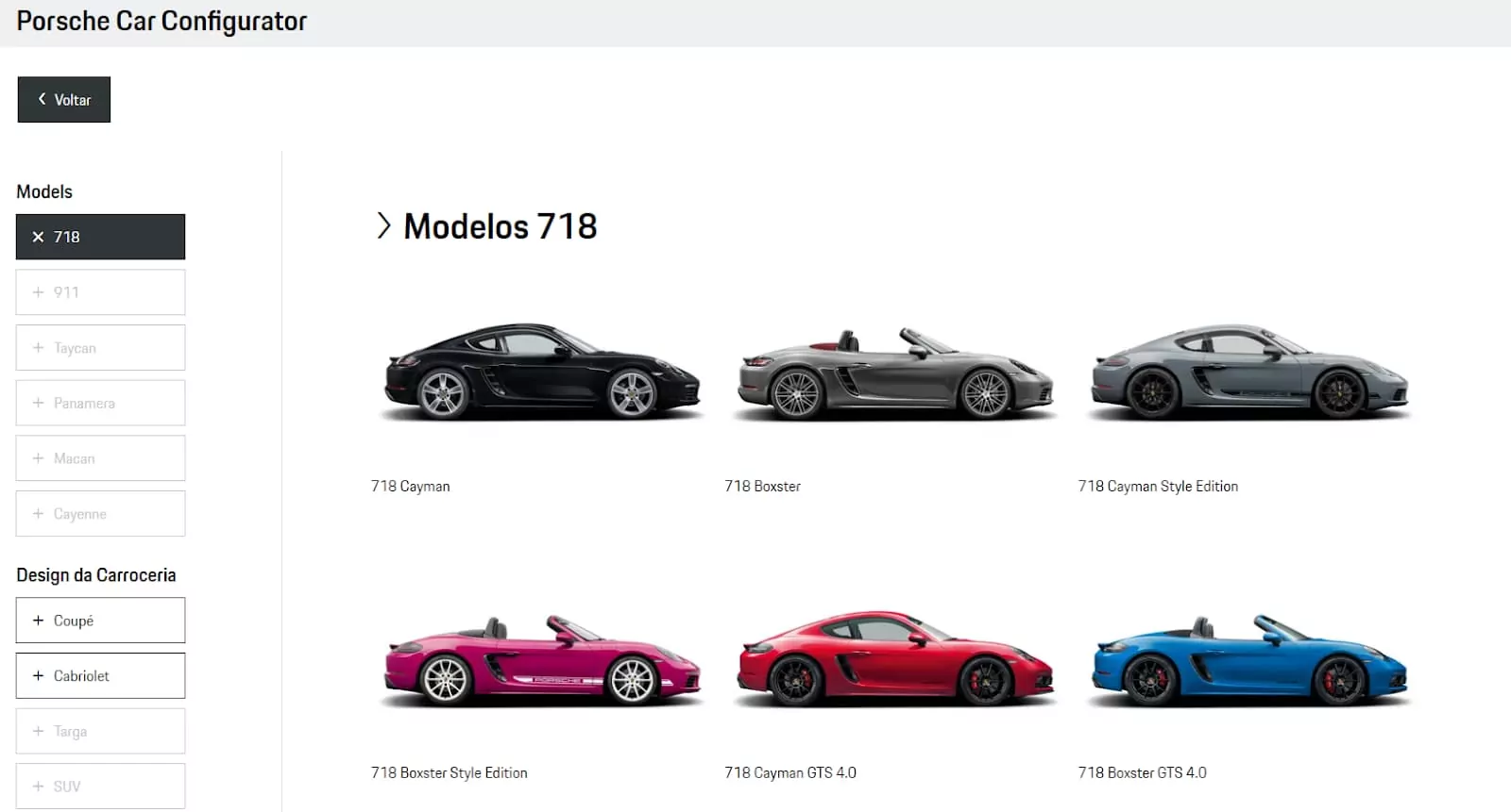 captura de tela da página de 'monte seu carro' no e-commerce da porsche