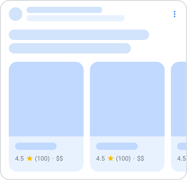 Representação do novo recurso de carrossel rico do Google, com exibição de cartões com dados estruturados na pesquisa orgânica, incluindo um cartão exibido pela metade, o que demonstra ser possível rolar o carrossel para o lado para visualizá-lo completamente