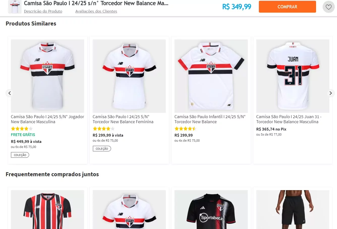 Página de produto da camisa do São Paulo na Netshoes, mostrando categorias de produtos relacionados