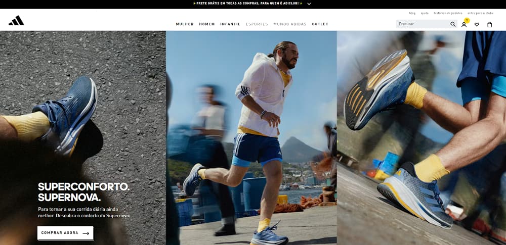 captura de tela da página de produtos masculinos da adidas, mostrando um banner com três imagens de um homem correndo, com destaque para os tênis de corrida azuis que ele está usando