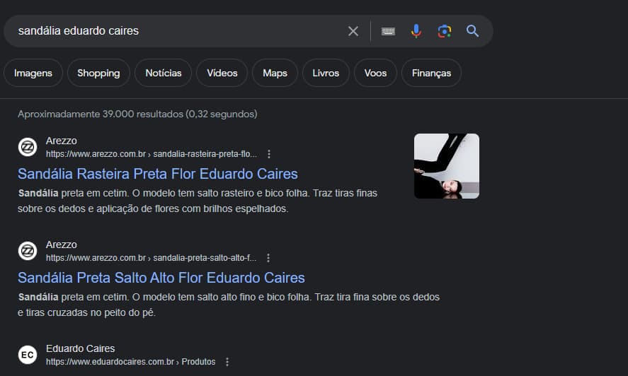 Captura de tela para uma pesquisa no Google sobre "sandália eduardo caires" mostrando as páginas de produto como primeiros resultados da pesquisa orgânica