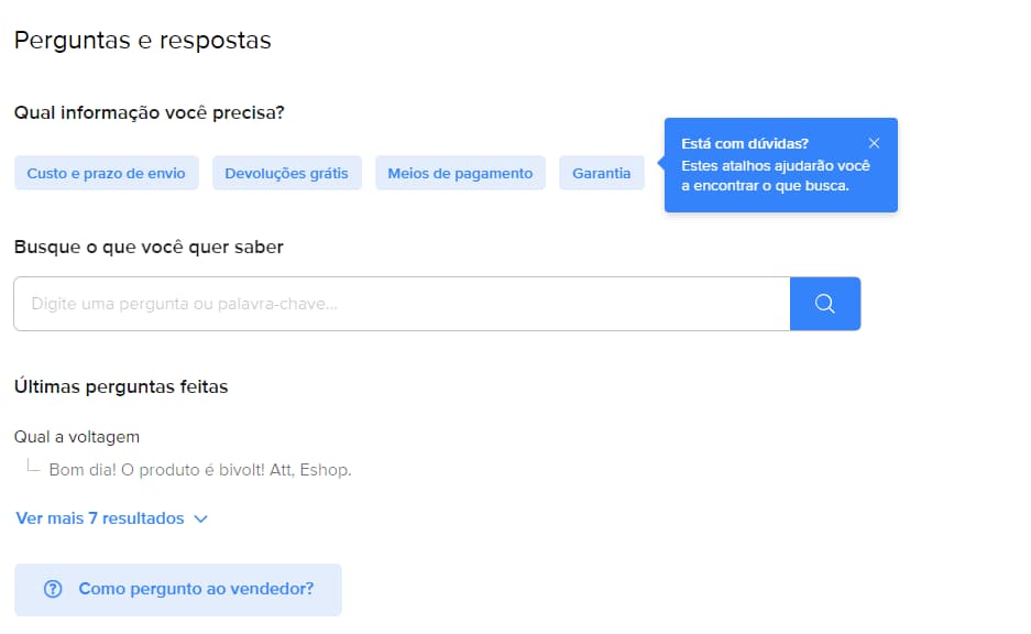 captura de tela de perguntas frequentes em página de produto do mercado livre
