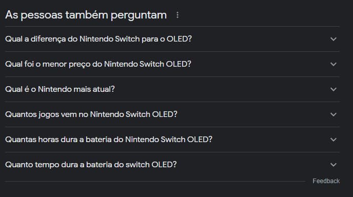 captura de tela da seção "as pessoas também perguntam" do google para a busca nintendo switch oled