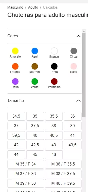 Exemplo de pesquisa facetada, com opções de escolha de cores e tamanho de itens de um e-commerce