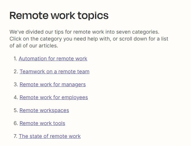 Trecho de texto sobre trabalho remoto em post da Zapier. O texto lê: "Remote work topics. We've divided our tips for remote work into seven categories. Click on the category you need help with, or scroll down for a list of all of our articles". Em sequência, seguem diferentes tópicos sobre o assunto, como automação, trabalho em equipe, etc.