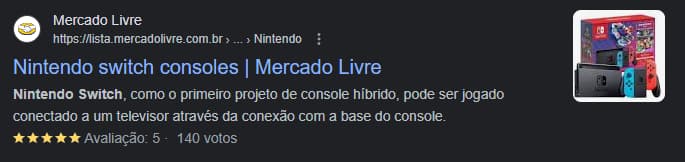 Captura de tela de resultado de busca do Google para "Nintendo Switch", mostrando título, descrição e foto do produto no Mercado Livre