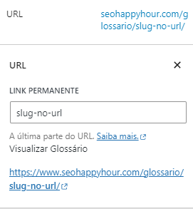 Captura de tela da seção de administração de um site WordPress onde os usuários podem editar o slug de uma página. Acima, tem a URL completa da página, abaixo um campo para editar a slug. 