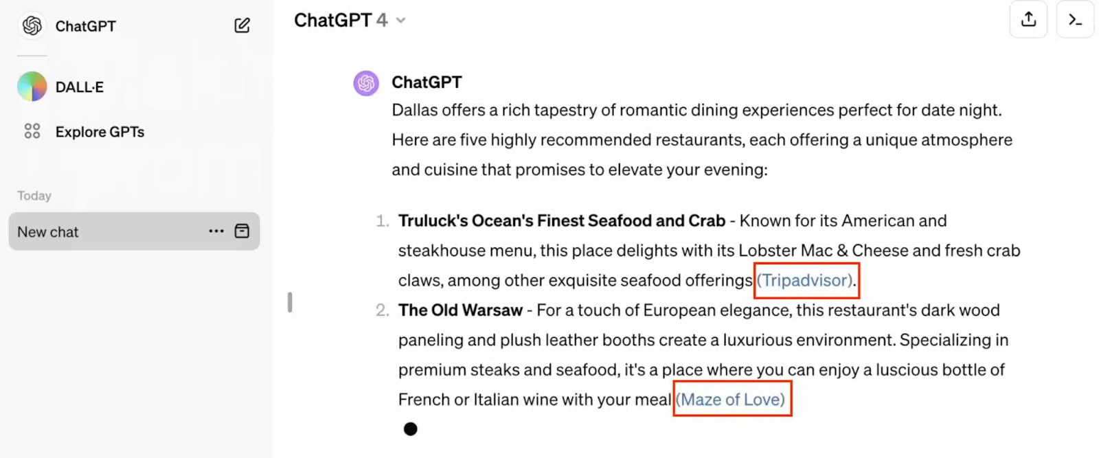 Captura de tela do ChatGPT, mostrando uma mensagem recomendando experiências de jantar romântico em Dallas. Ela lista dois restaurantes: "Truluck's Ocean's Finest Seafood and Crab", destacado por seu menu americano e de steakhouse que inclui Macarrão com Lagosta & Queijo, e "The Old Warsaw", descrito como um lugar de elegância europeia com carnes premium e frutos do mar. Há links sublinhados com as etiquetas "Tripadvisor" e "Maze of Love", sugerindo leitura adicional ou informações relacionadas.