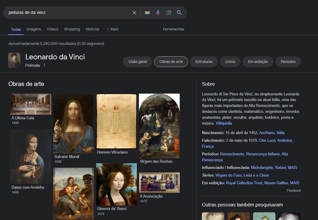 Resultado da SERP para a pesquisa "pinturas de leonardo da vinci", mostrando imagens das principais obras À direita, e à esquerda um painel com as principais informações sobre o artista