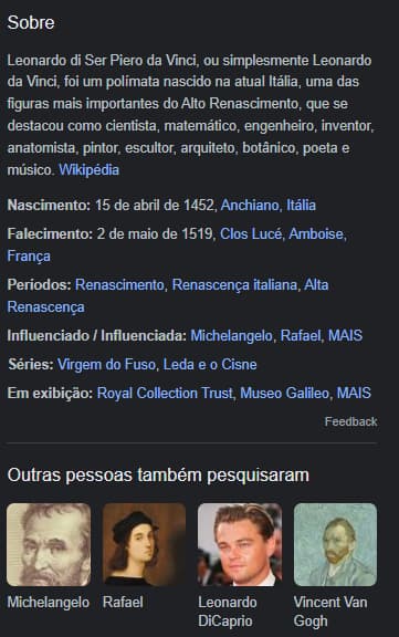 painel de conhecimento de leonardo da vinci no google, exibindo informações como biografia, nascimento e falecimento do artista, local de nascimento e pesquisas relacionadas