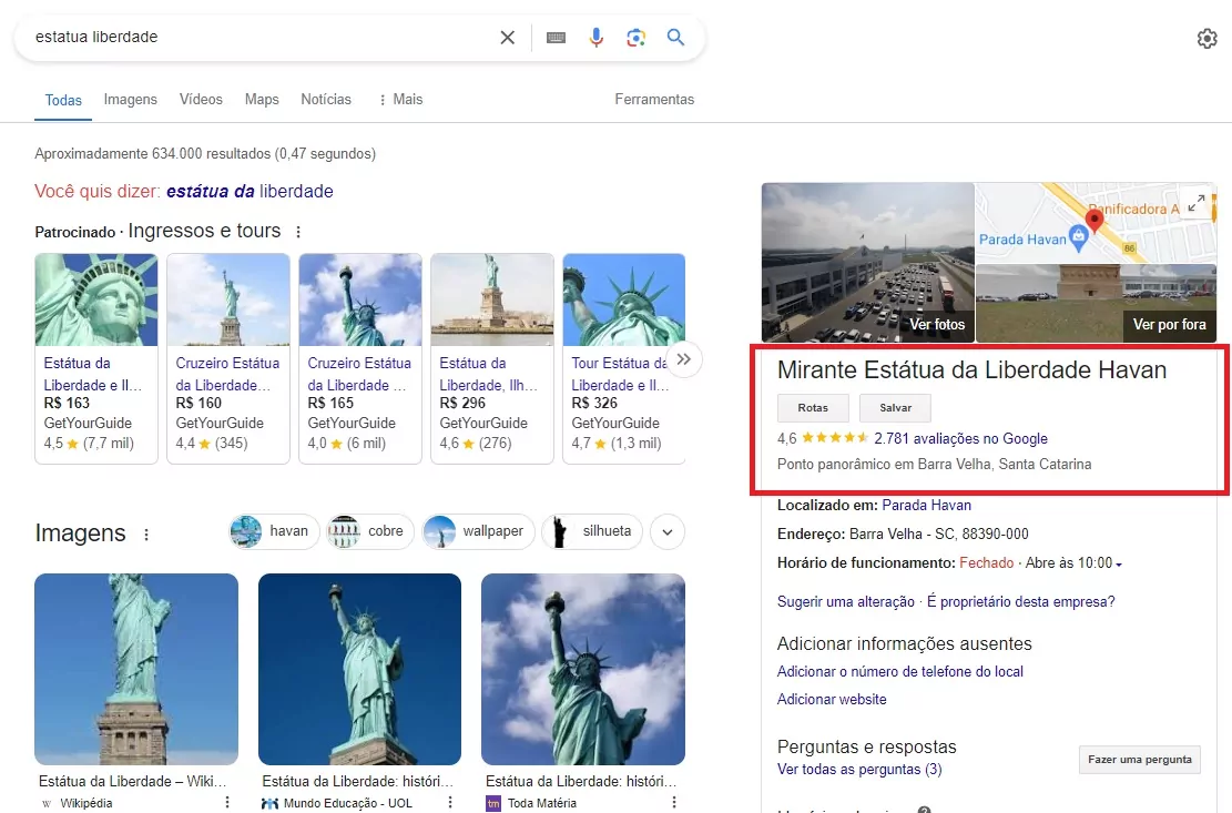 Captura de tela para uma pesquisa no Google para "estátua liberdade". O resultado mostra várias imagens e links para passeios relacionados à Estátua da Liberdade. No canto superior direito, há um destaque para o "Mirante Estátua da Liberdade Havan", classificado com 4,6 estrelas a partir de 2.781 avaliações no Google.