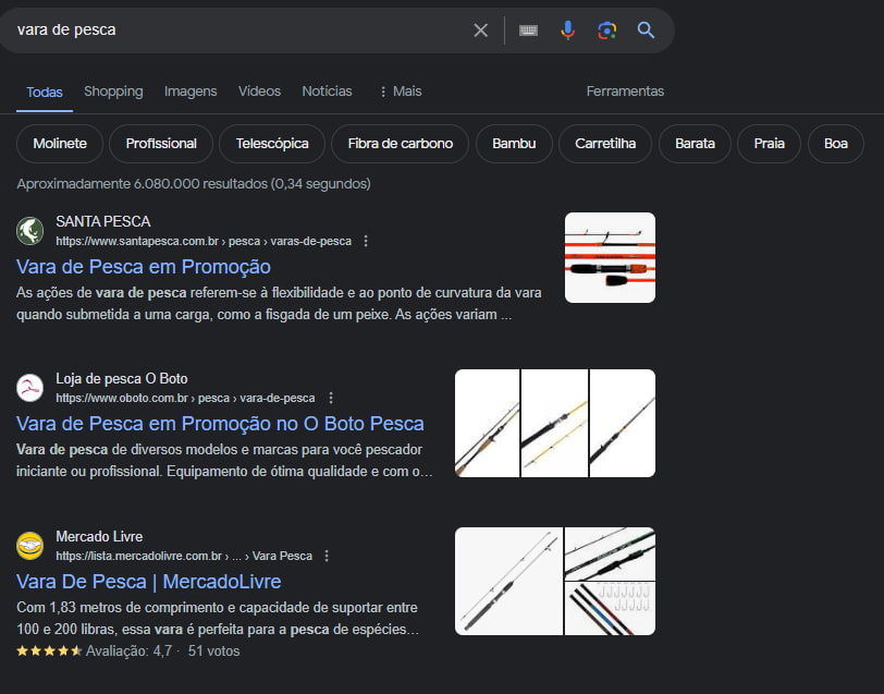 A tela de pesquisa exibe vários resultados para "vara de pesca". Os filtros categorizam as varas de pesca por tipo como molinete, profissional, telescópica, de fibra de carbono, bambu, entre outras características como carretilha, barata, praia e boa. Um dos resultados em destaque é de um site chamado "SANTA PESCA", que parece estar oferecendo varas de pesca em promoção. Outro resultado é da "Loja de pesca O Boto", também com varas de pesca em promoção. Há também um resultado do "Mercado Livre", que descreve uma vara de pesca específica. 