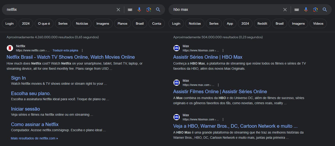 A imagem mostra duas janelas de busca de navegadores na web lado a lado, uma buscando 'netflix' e outra 'hbo max'. No lado esquerdo, os resultados para 'netflix' incluem o site oficial da Netflix Brasil com opções como 'Sign In', 'Escolha seu plano', e 'Iniciar sessão'. No lado direito, os resultados para 'hbo max' destacam a plataforma de streaming HBO Max, com diferentes resultaods de pesquisa para acessar o site, sem mostrar sitelinks