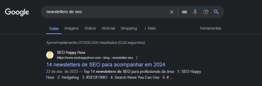 Resultado da SERP para a pesquisa "newsletter sobre SEO", mostrando o site da SEO Happy Hour na primeira posição, com uma lista de newsletters