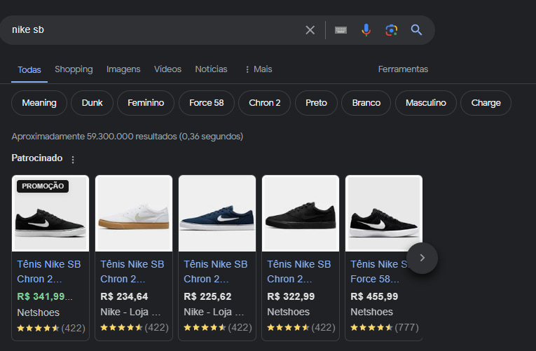 Resultado da SERP para "nike sb", exibindo um carrossel com produtos em destaque