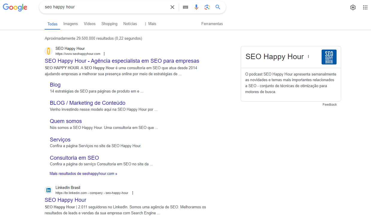 Resultado da SERP para a busca "seohappyhour", mostrando uma lista de sites na direita e um quadro com informações adicionais à esquerda