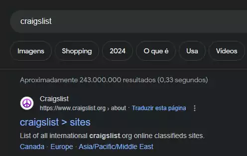 Captura de tela de um navegador da web mostrando o resultado de pesquisa do site Craiglist. A pesquisa inclui sitelinks de uma linha, com links para Canada, Europa, e  Asia/Pacific/Middle East.