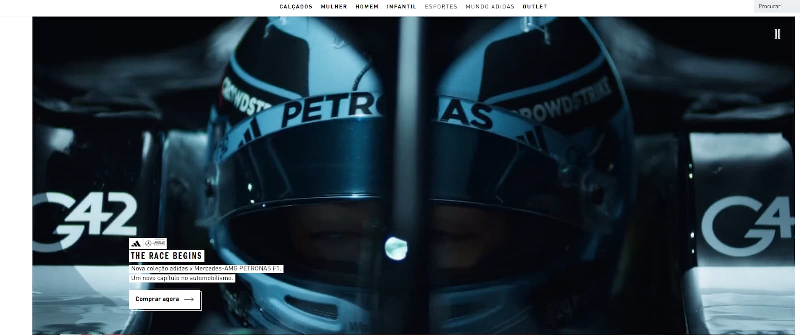 close de um capacete de fórmula 1, mostrando o piloto dentro de um carro. O conteúdo é original para o site da adidas e está na homepage da página de categoria da coleção com a Mercedes, da F1