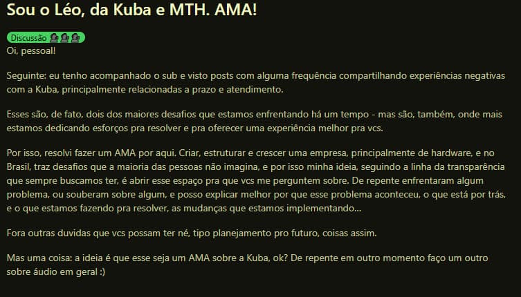 Captura de tela de um fórum do Reddit, onde se lê "Sou o Leo da Kuba e Mind the Headphone, me pergunte qualquer coisa"