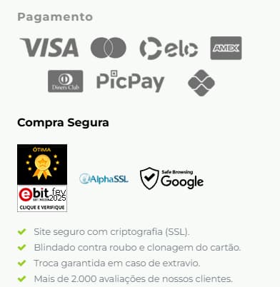 Captura de tela de certificados de segurança do Clube do Malta. No topo, aparecem as formas de pagamento aceitas, com logo da Visa, MasterCard, Elo, Ame, PicPay e PixDepois, aparecem certificados de compra segura do Google. Na sequência, bullet points rápidos para fortalecer autoridade do site, como o número de avaliações positivas