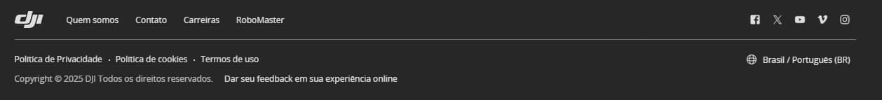 Menu footer da loja da DJI em português, com telefones e e-mails de contato, formulário de feedback, botão de redes sociais, textos "sobre"