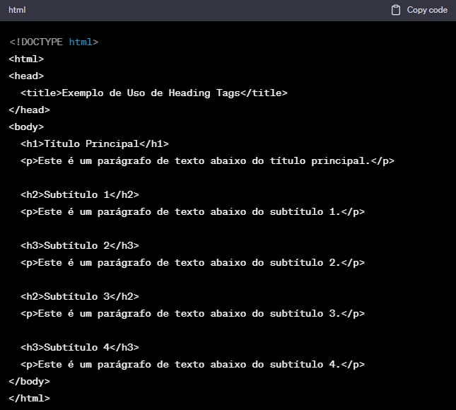 Exemplo de código HTML mostrando heading tags H1, H2 e H3