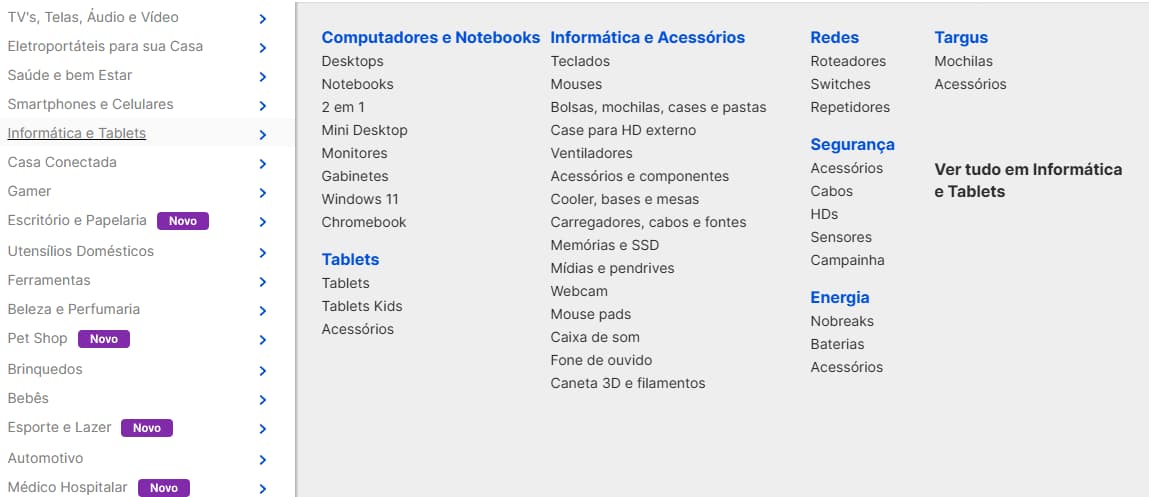 Exemplo de menu da multilaser, demonstrando a preocupação em organizar as categorias e subcategorias de cada tipo de produto