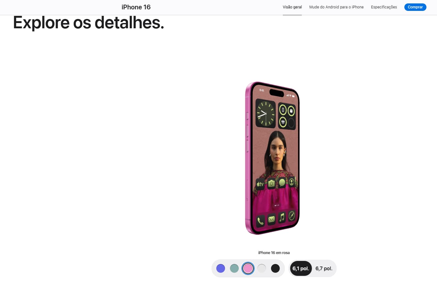Captura de tela de página de produto da Apple, mostrando detalhes interativos para ver o modelo de iPhone, incluindo troca de cor, permitindo ao visitante ver as diferenças de modelo em tempo real