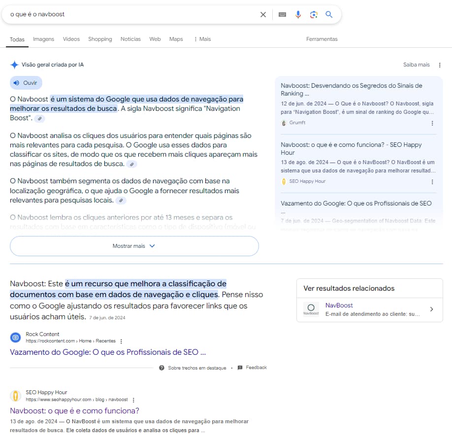 Captura de tela da página do Google para a pesquisa "navboost", que mostra a SEO Happy Hour em destaque nas AI Overviews e como primeiro resultado orgânico