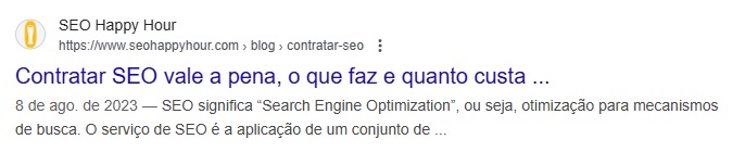 Exemplo de title tag exibida cortada pelo Google, onde se lê: Contratar SEO vale a pena, o que faz e quanto custa...