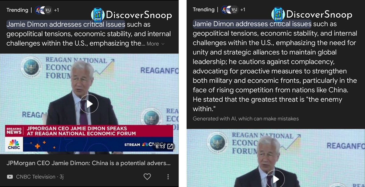 exemplo de AI overviews no Google Discover. À esquerda, exemplo de resumo com botão "leia mais", à esquerda, resumo expandido com 10 linhas