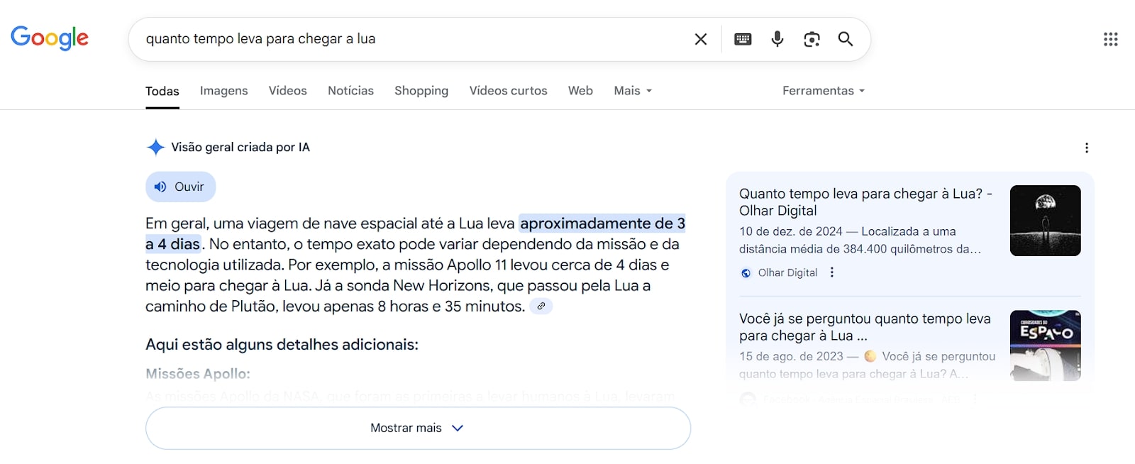 Exemplo/Print de uma AI Overview que responde à pergunta "quanto tempo leva para chegar a lua"