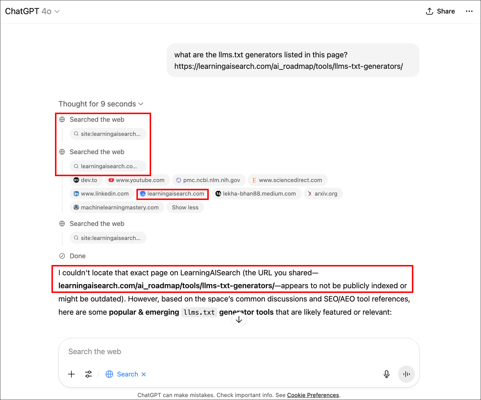 Há um print da tela do ChatGPT em que Aleyda faz uma pergunta a fim de localizar sua página teste, mas recebe uma negativa. 