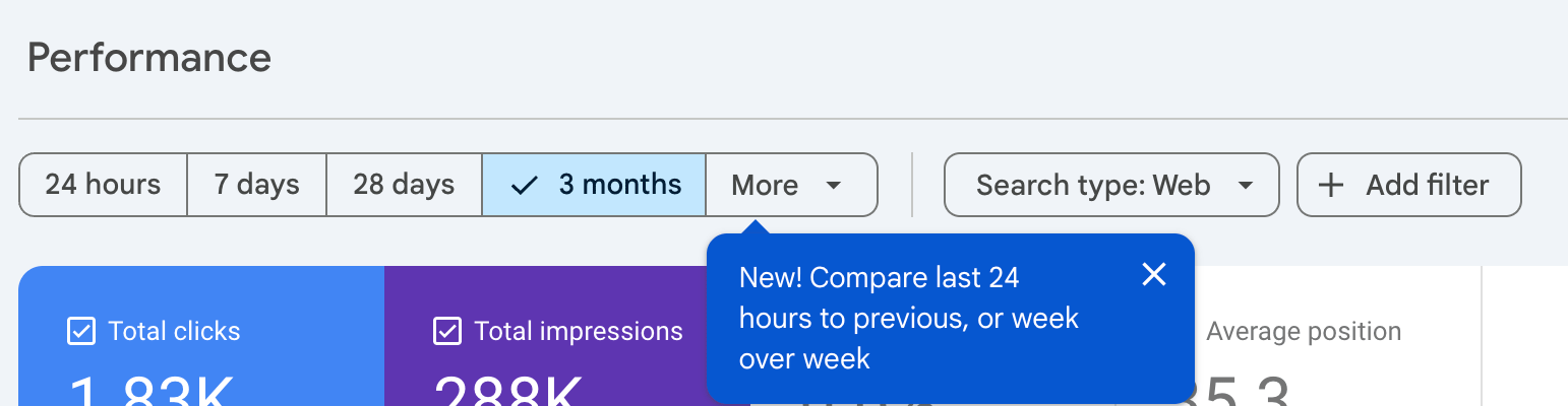 print do google search console mostrando a notificação que diz que a nova visualização está disponível ao clicar na aba "mais" 