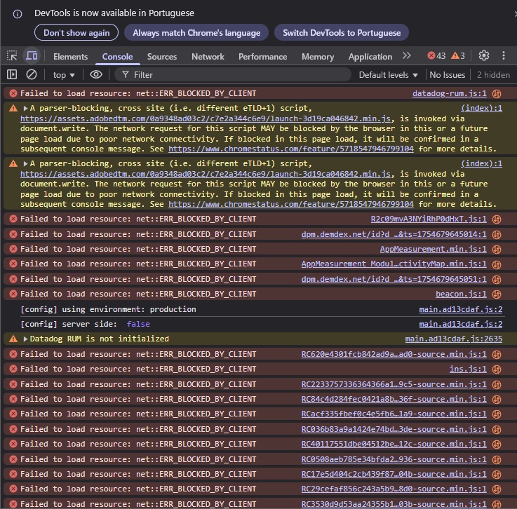 exemplo de console com erros js