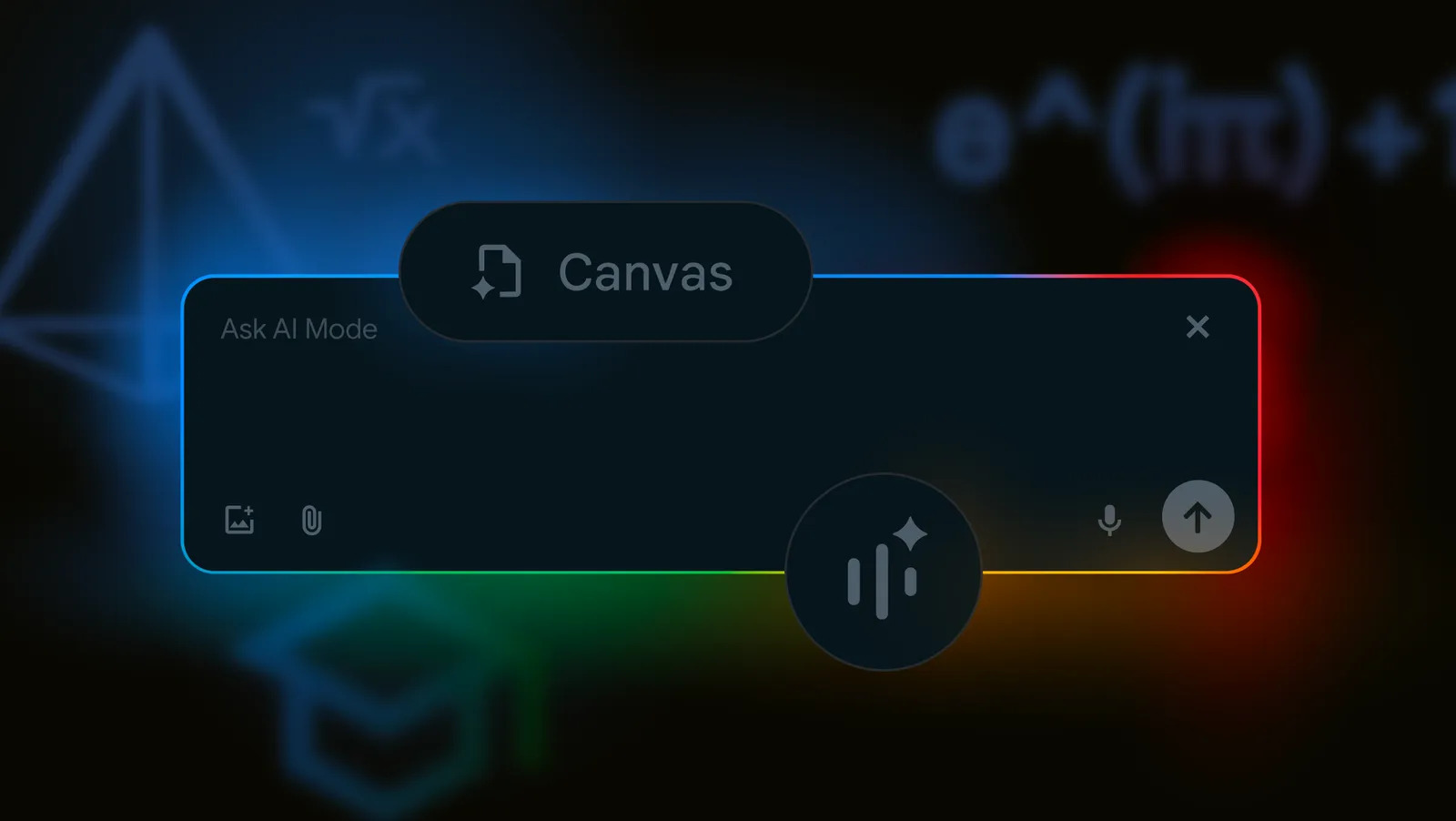 Imagem que mostra a caixa de busca do Modo IA, além de símbolos da Busca ao vivo e do Canvas